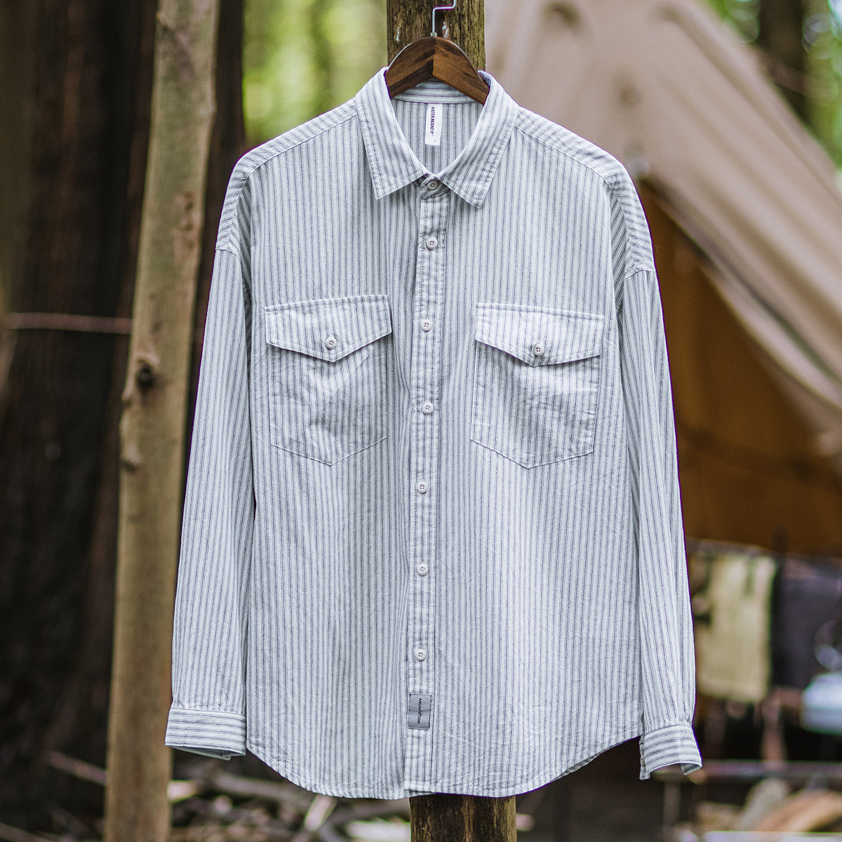 Men's American Retro Camping Outdoor White Pinstriped Shirt