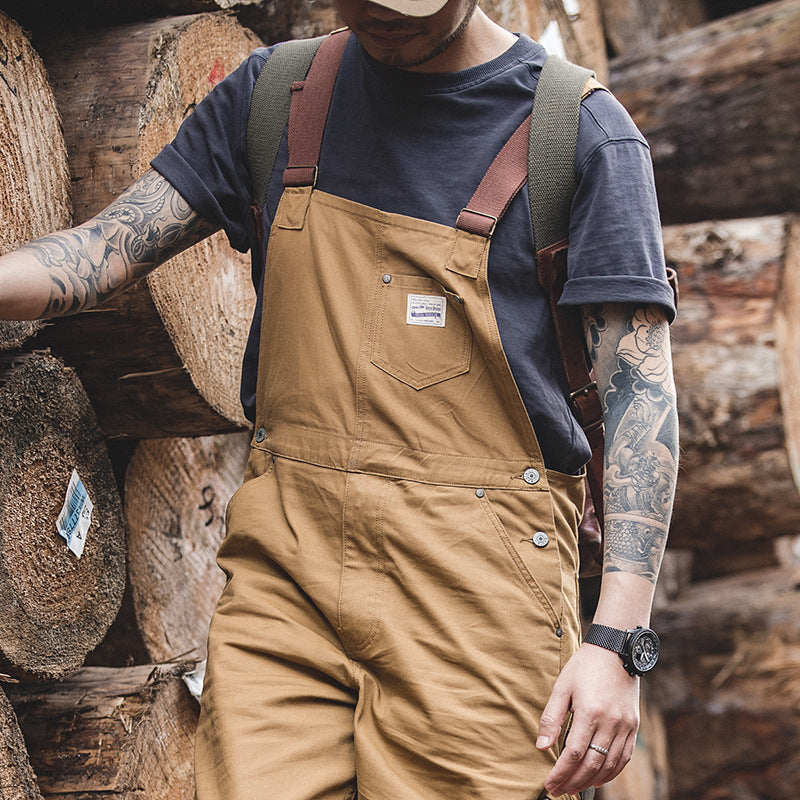 Men's Retro Khaki Classic Suspender Cargo Bib Overalls