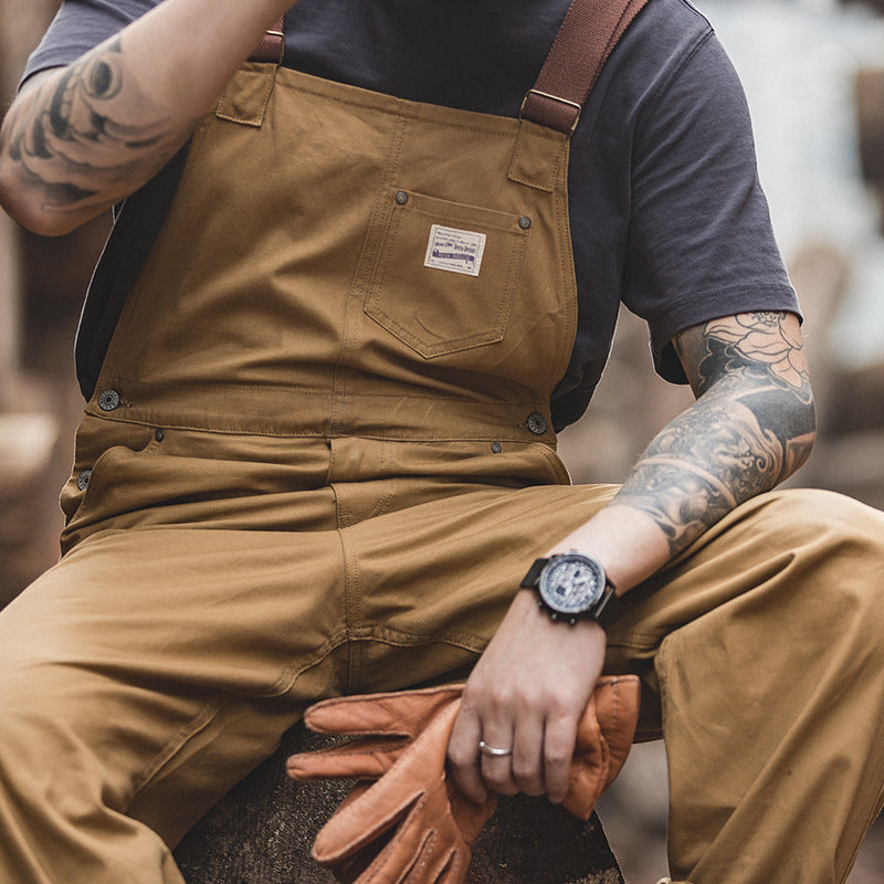 Men's Retro Khaki Classic Suspender Cargo Bib Overalls