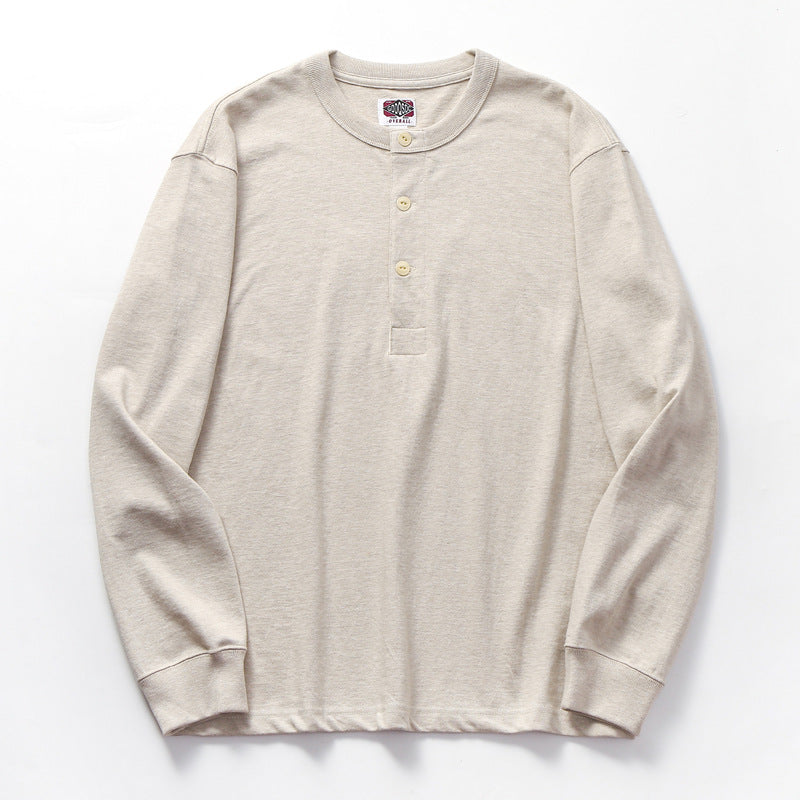Men's Retro Super Thick Tooling Henry Collar Long Sleeve Solid Color T-Shirt
