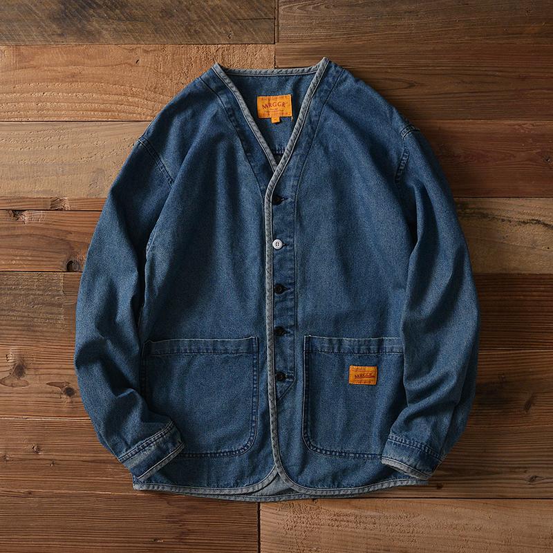 Men's Vintage Distressed Collarless Single-Breasted Denim Jacket