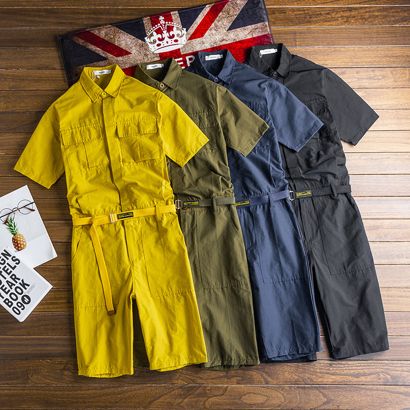 Retro Short Sleeve Workwear All-in-One Short Jumpsuit Streetwear Overalls Romper Playsuit