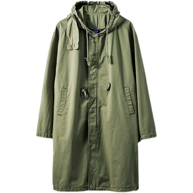 Men's Mid-length Retro Hooded Trench Coat Military Loose Casual Windbreaker