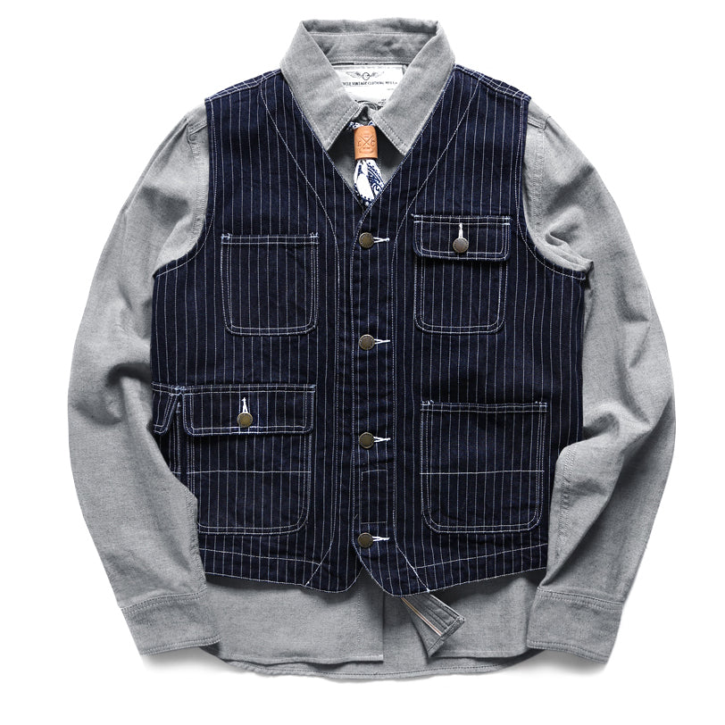 American Western Retro Striped Denim Multi-pocket Cargo Vest