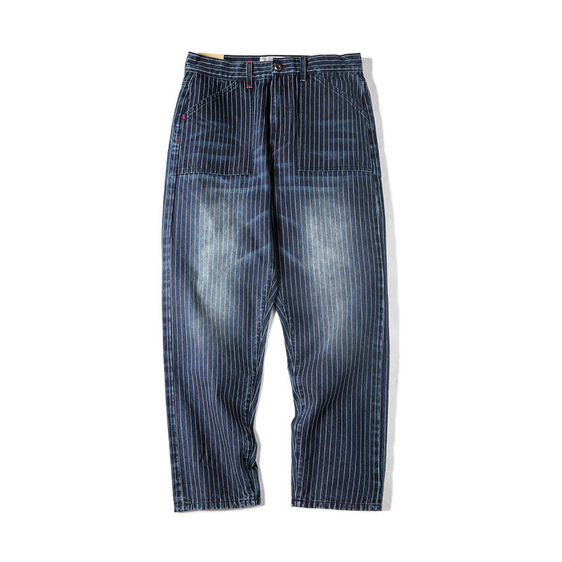Men's Vintage Denim Vertical Striped Washed Jeans Straight-leg Distressed Trousers