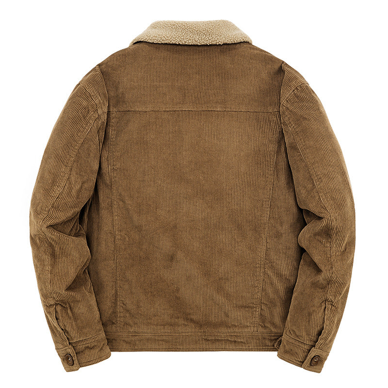 Corduroy Men's Jacket Plus Velvet Thickened Dtand Vollar Loose Large SizeLamb Cashmere Cotton Jacket