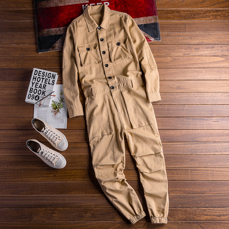 Men's Vintage Hiphop Streetwear Jumpsuits Long Sleeve Cargo Rompers With Pocket Coverall Romper Boiler Suit