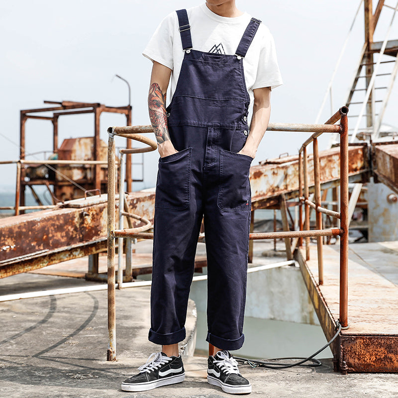 Men's Vintage Solid Color Large Pocket Front Loose Casual Work Bib Overalls