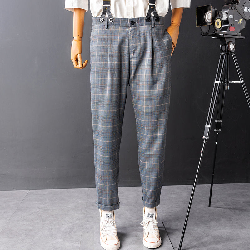 Retro Gray Check Overalls Gentleman Suspenders Casual Slim Trousers