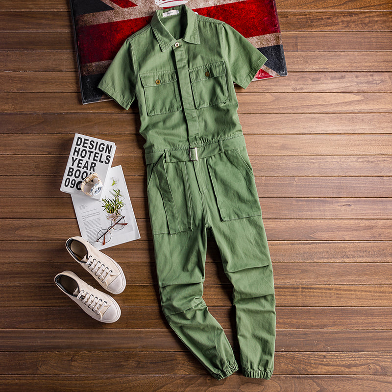 Retro Casual Multi-Pocket Boilersuit Short Sleeve Jumpsuits Workear Coveralls Streetwear Overalls Playsuit