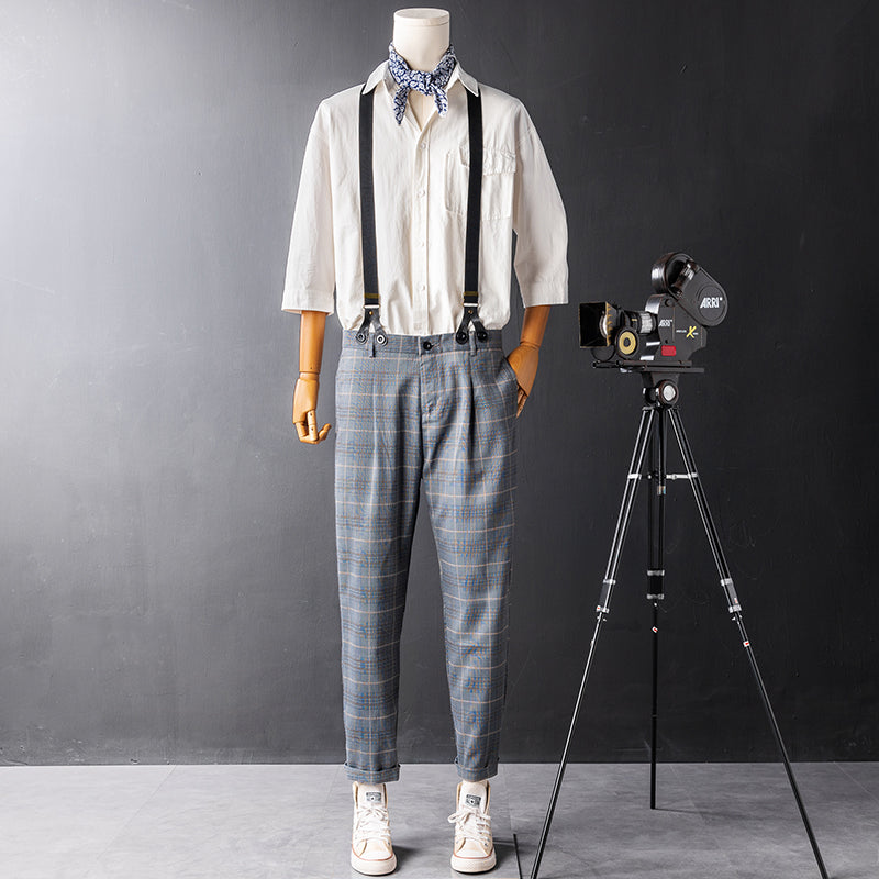 Retro Gray Check Overalls Gentleman Suspenders Casual Slim Trousers
