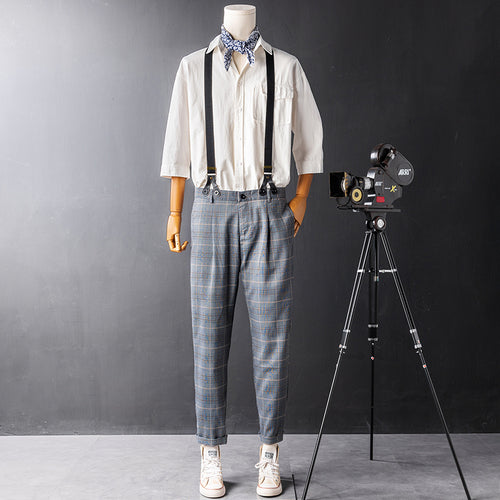 Retro Gray Check Overalls Gentleman Suspenders Casual Slim Trousers