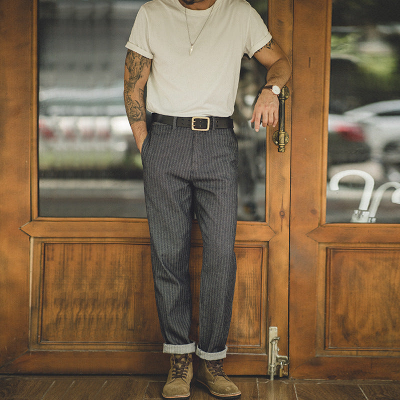 Men's High Waist Dress Pants American 90s Retro HBT Gray Jeans Straight Sim Striped Trousers
