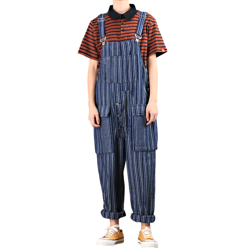 Men's Oversize Striped Denim Jumpsuit Suspender Pants Streetwear Overalls