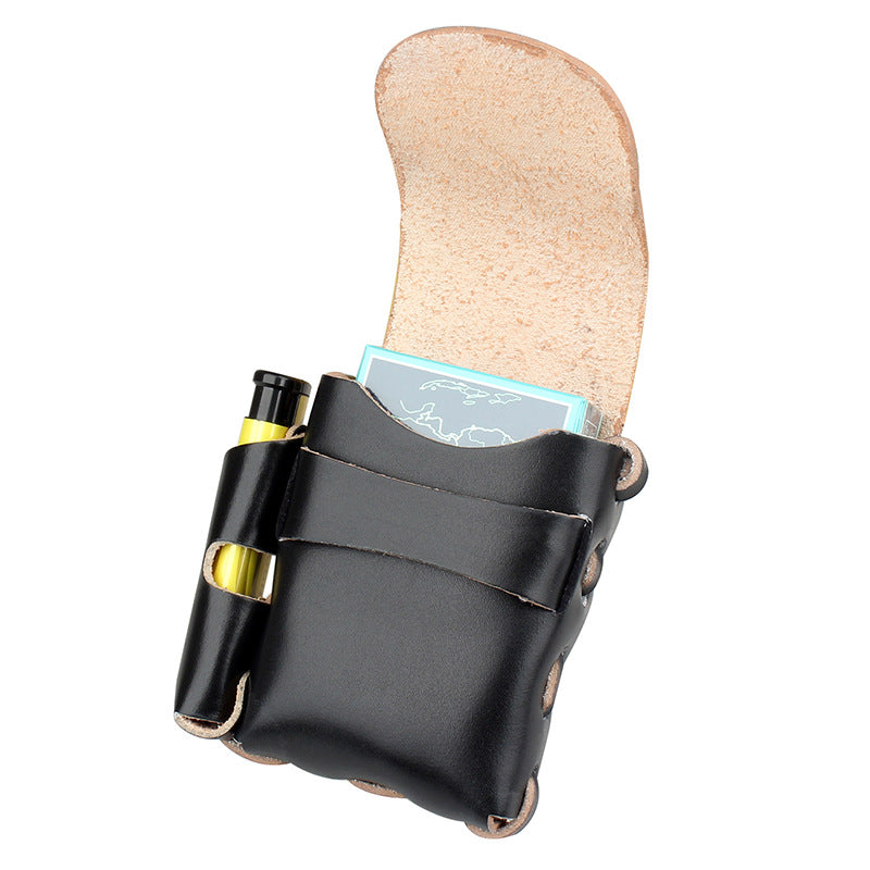 VIntage Handmade Portable Genuine Leather Cowhide Cigarette Case With Lighter