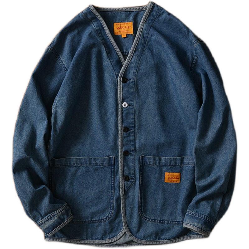 Men's Vintage Distressed Collarless Single-Breasted Denim Jacket