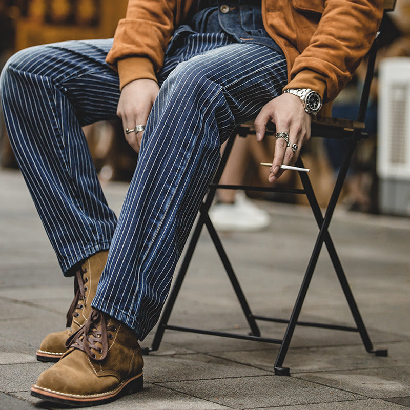 Men's Vintage Denim Vertical Striped Washed Jeans Straight-leg Distressed Trousers