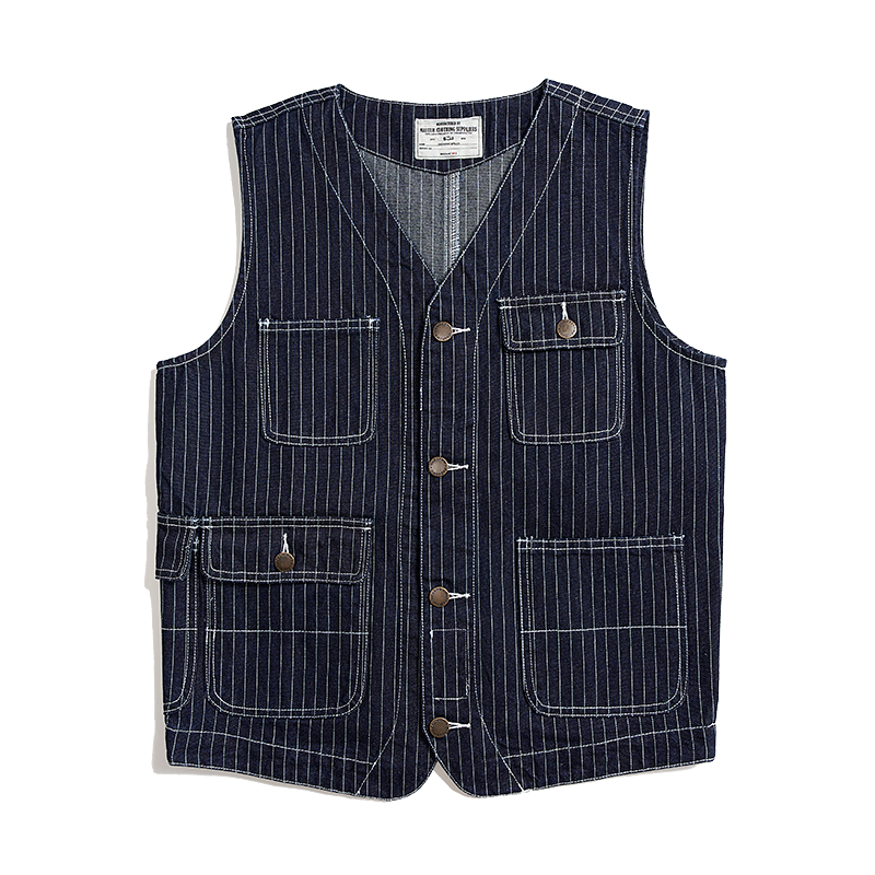 American Western Retro Striped Denim Multi-pocket Cargo Vest