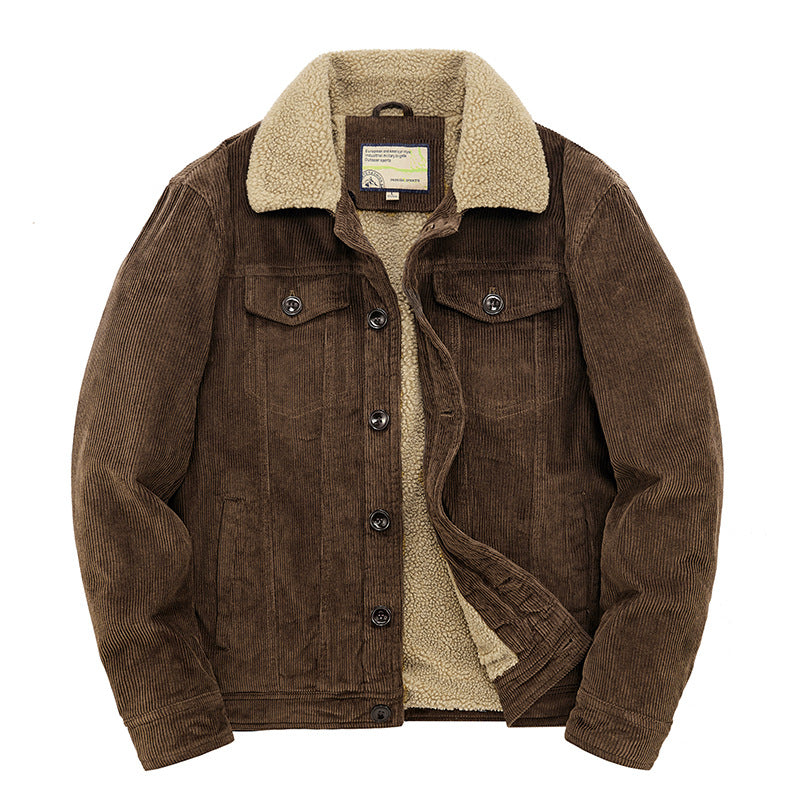 Corduroy Men's Jacket Plus Velvet Thickened Dtand Vollar Loose Large SizeLamb Cashmere Cotton Jacket