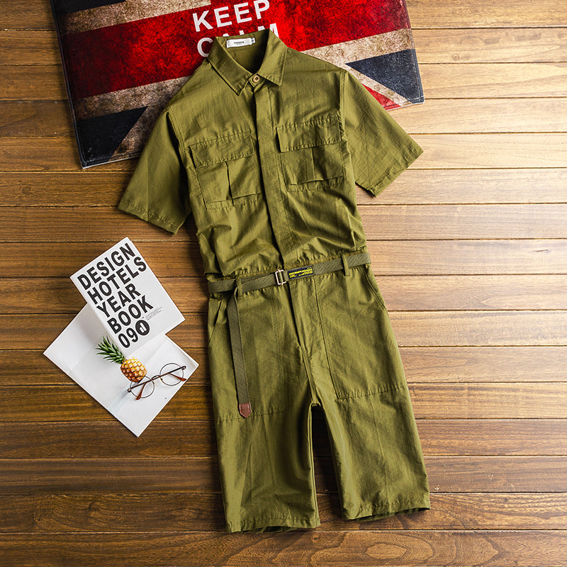 Retro Short Sleeve Workwear All-in-One Short Jumpsuit Streetwear Overalls Romper Playsuit