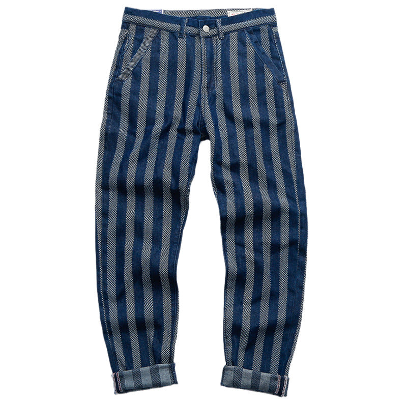 Men's Vintage Washed Nostalgic Jacquard High Waist Striped Jeans