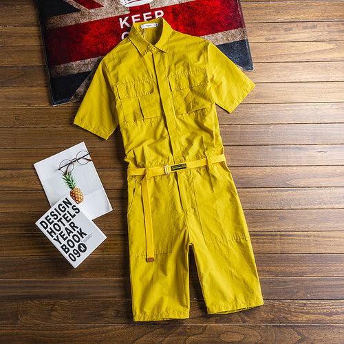 Retro Short Sleeve Workwear All-in-One Short Jumpsuit Streetwear Overalls Romper Playsuit