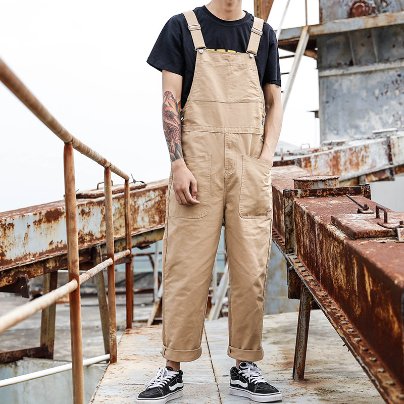 Men's Vintage Solid Color Large Pocket Front Loose Casual Work Bib Overalls
