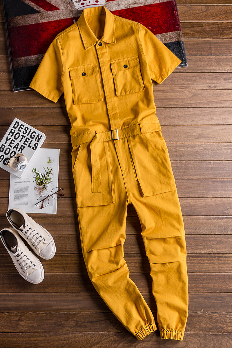 Retro Casual Multi-Pocket Boilersuit Short Sleeve Jumpsuits Workear Coveralls Streetwear Overalls Playsuit