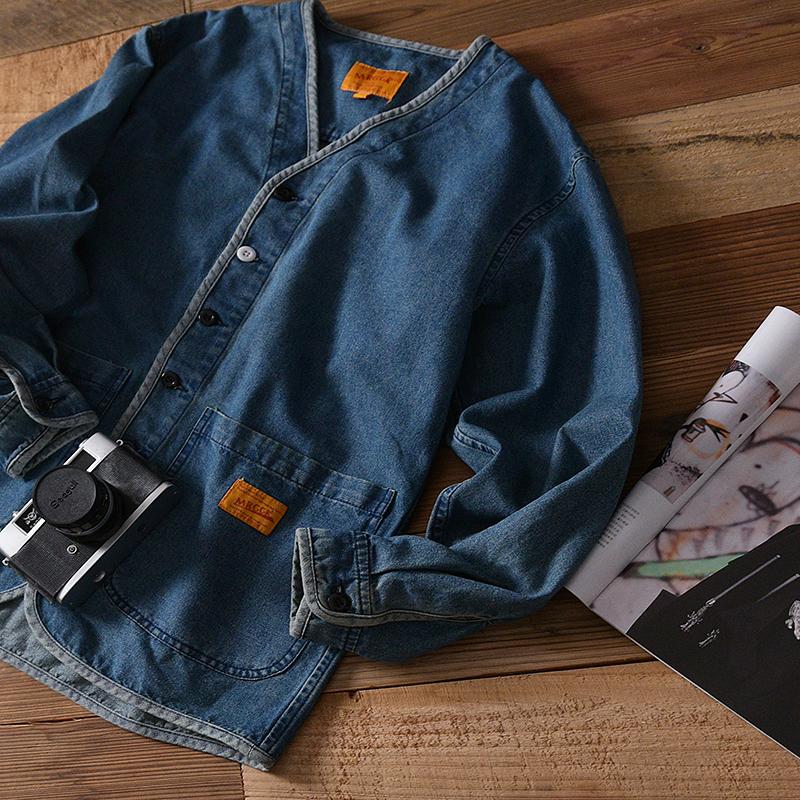 Men's Vintage Distressed Collarless Single-Breasted Denim Jacket