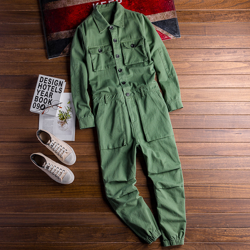 Men's Vintage Hiphop Streetwear Jumpsuits Long Sleeve Cargo Rompers With Pocket Coverall Romper Boiler Suit