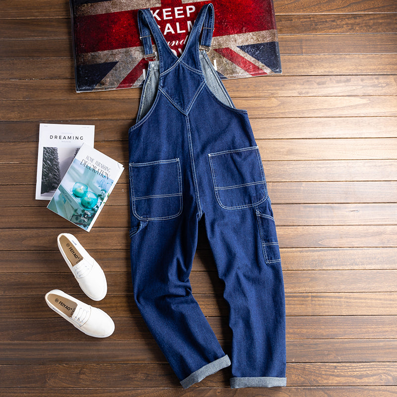 American Straight Loose Denim Jumpsuit Baggy Bib Overalls Suspender Pants