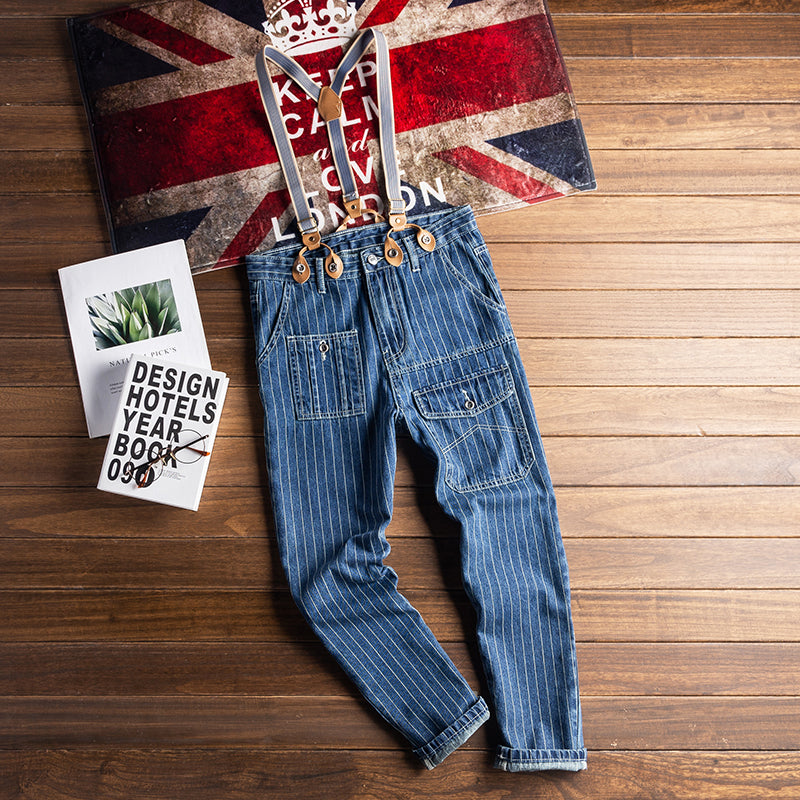 Retro Striped Denim Bib Overalls Cargo Pants Suspender Pants