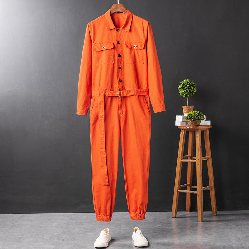 Men's Vintage Hiphop Streetwear Jumpsuits Long Sleeve Cargo Rompers With Pocket Coverall Romper Boiler Suit