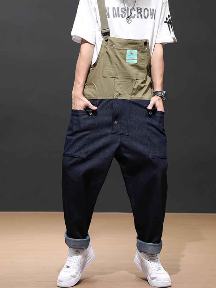 Denim Pants With Color Block Baggy Work Overalls