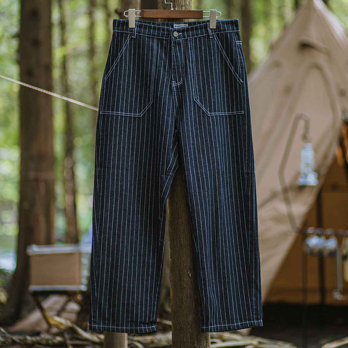 Men's Vintage Camping Loose High Waist Straight-leg Striped Cargo Jeans