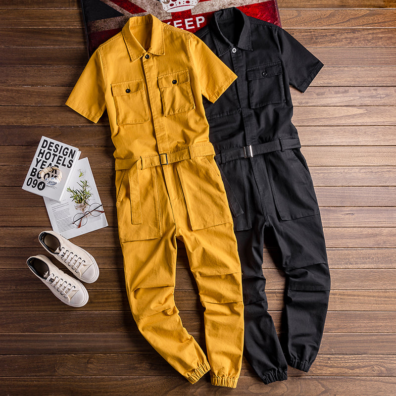 Retro Casual Multi-Pocket Boilersuit Short Sleeve Jumpsuits Workear Coveralls Streetwear Overalls Playsuit