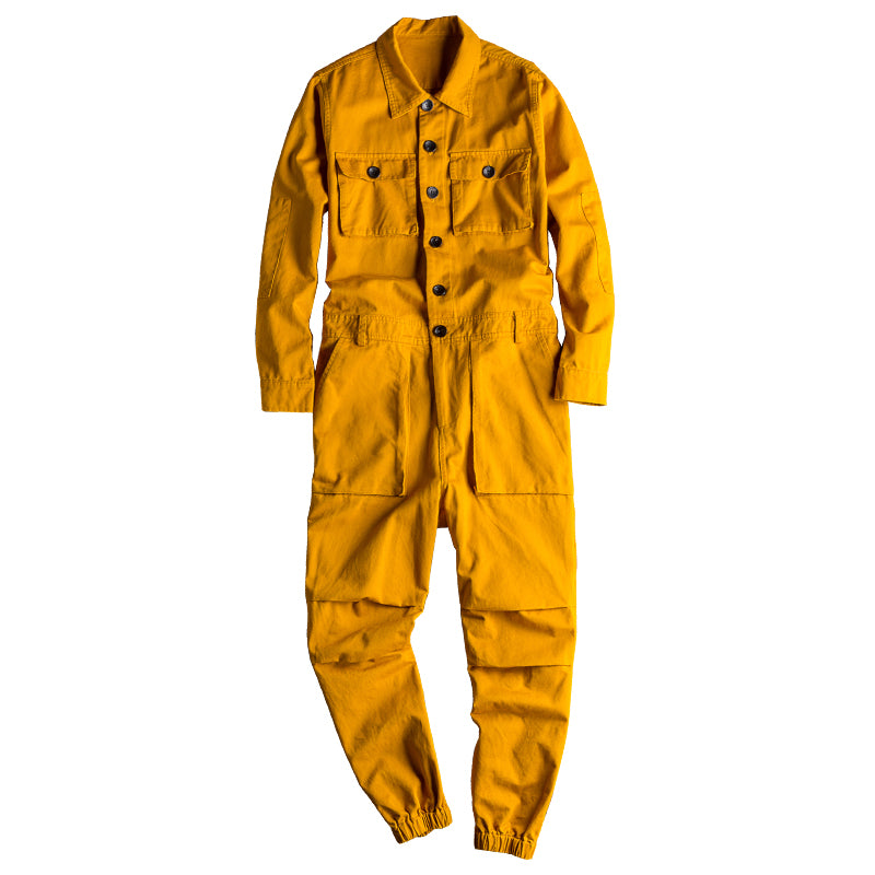Men's Vintage Hiphop Streetwear Jumpsuits Long Sleeve Cargo Rompers With Pocket Coverall Romper Boiler Suit
