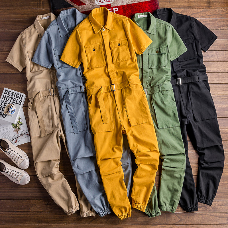 Retro Casual Multi-Pocket Boilersuit Short Sleeve Jumpsuits Workear Coveralls Streetwear Overalls Playsuit