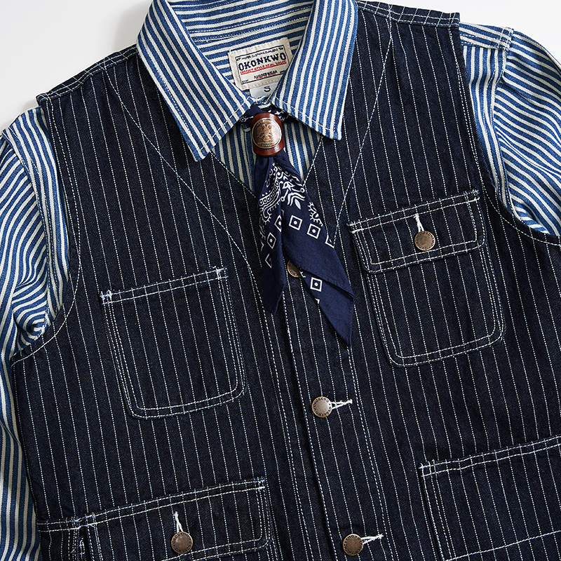 American Western Retro Striped Denim Multi-pocket Cargo Vest
