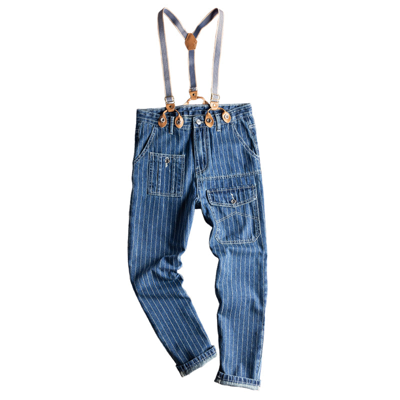 Retro Striped Denim Bib Overalls Cargo Pants Suspender Pants