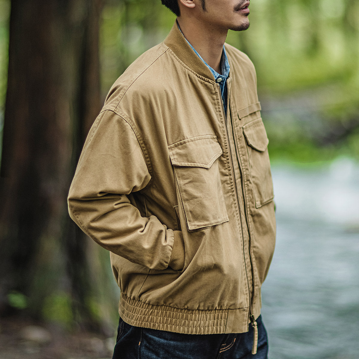 American Retro Bomber Jacket MA-1 Khaki Multi-pocket Camping Outdoor Jacket