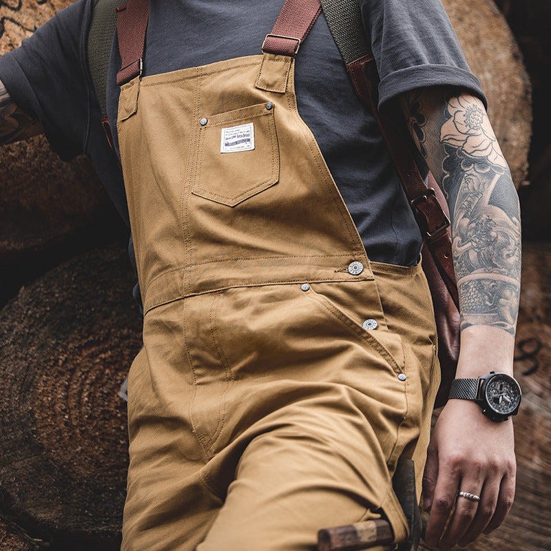 Men's Retro Khaki Classic Suspender Cargo Bib Overalls