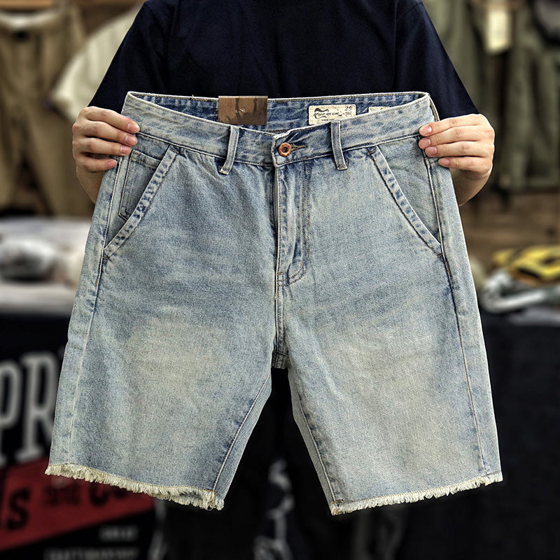 Light-Colored Washed And Worn Straight Loose Shorts