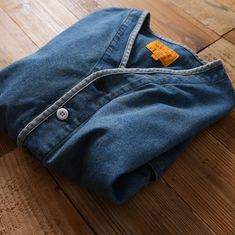 Men's Vintage Distressed Collarless Single-Breasted Denim Jacket