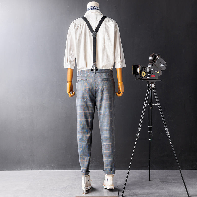 Retro Gray Check Overalls Gentleman Suspenders Casual Slim Trousers