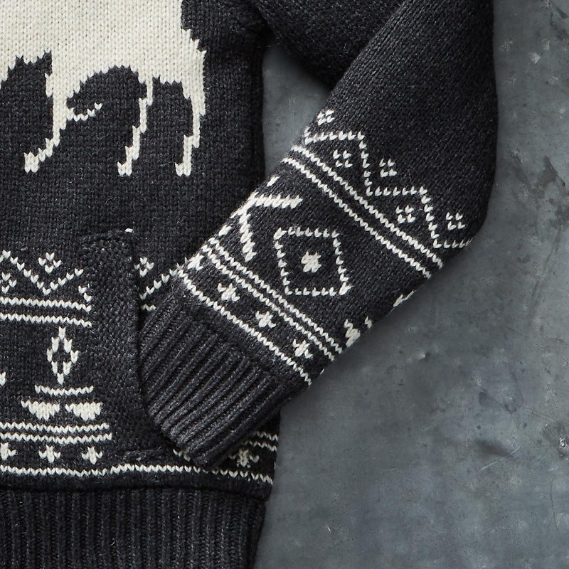 Men's Zipper Sweater-Black Fawn Jacquard