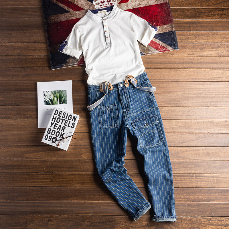 Retro Striped Denim Bib Overalls Cargo Pants Suspender Pants