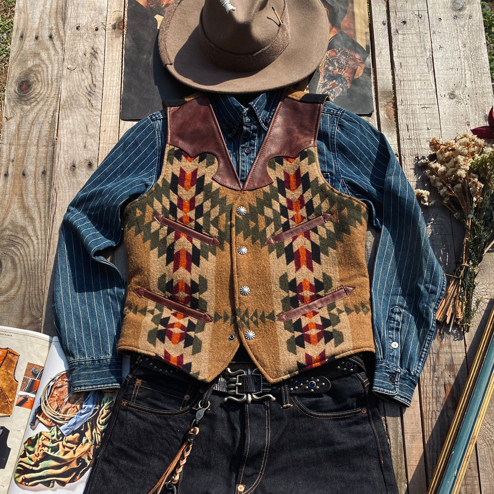 Men’s Navajo Totem Tobacco Waxed Cowhide Western Vest