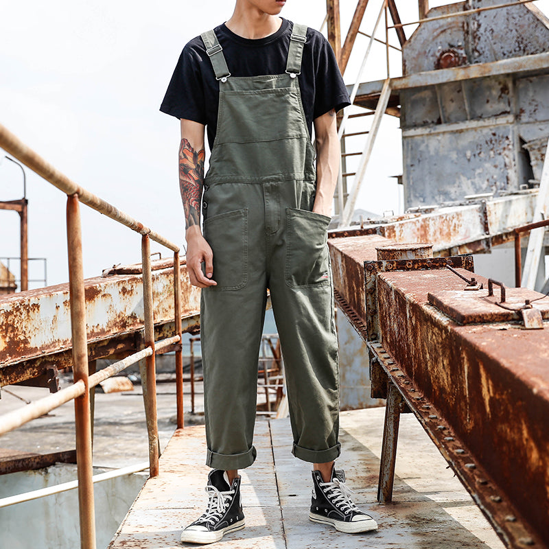 Men's Vintage Solid Color Large Pocket Front Loose Casual Work Bib Overalls