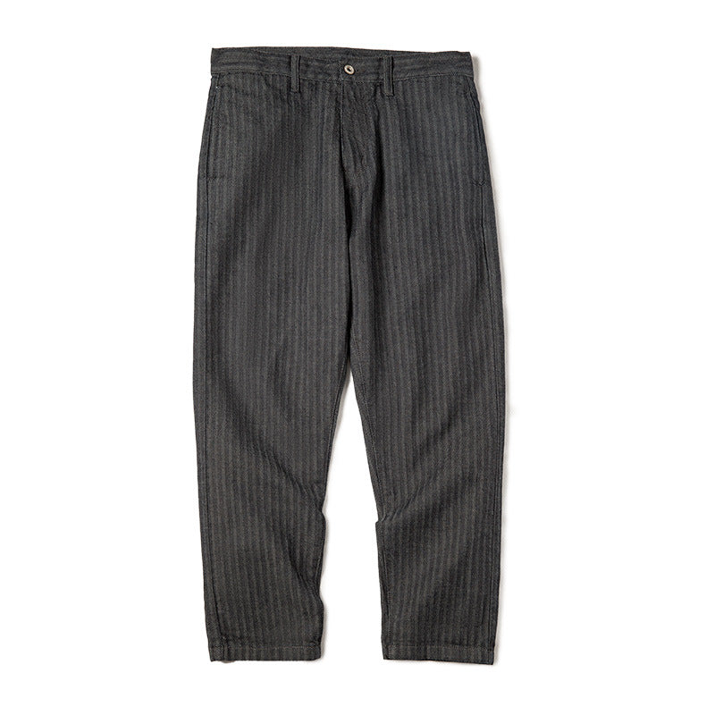 Men's High Waist Dress Pants American 90s Retro HBT Gray Jeans Straight Sim Striped Trousers